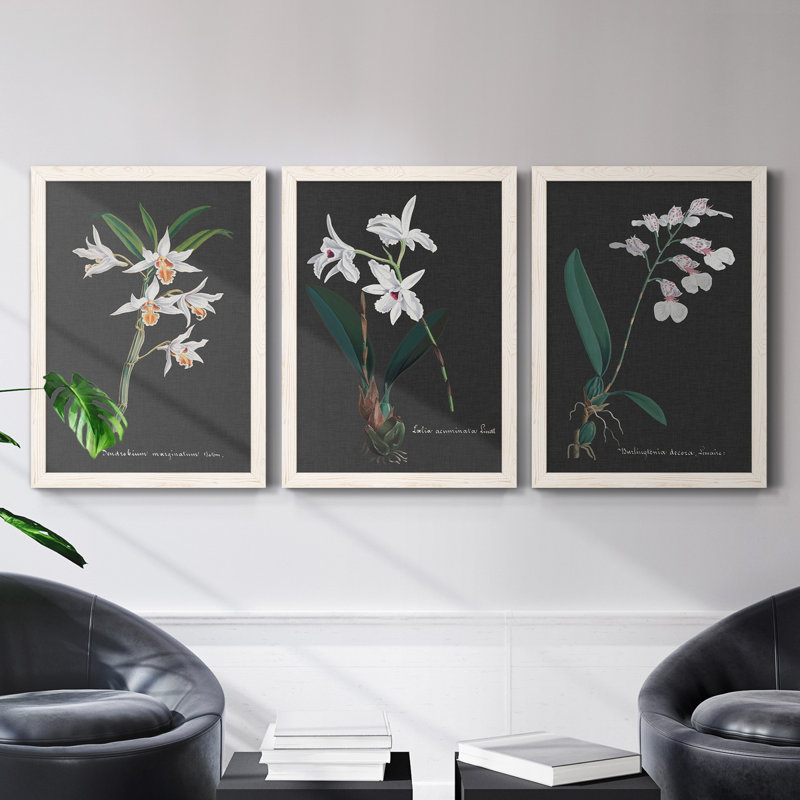 Orchidée sur ardoise IV - Ensemble de 3 peintures sur toile encadrées, H 37,5 po x l 82,5 po x P 1,5 po, Blanc