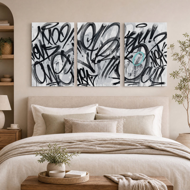 Ensemble de 3 toiles murales abstraites graffiti noir et blanc, 36"H x 24"W x 3pcs