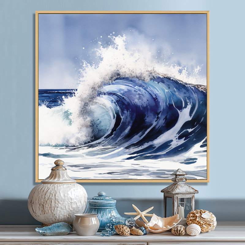 Mouvement de vagues océaniques V - plage moderne, art mural, H 16 po x l 16 po, Cadre flottant érable