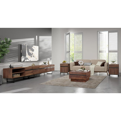 Nellie Modern Living Room Table Sets Of 4, 113 Inch TV Stand, 1 Square Coffee Table With Tempered Glass Top,And 2 End Table, Entertainment Center, Con by Latitude Run