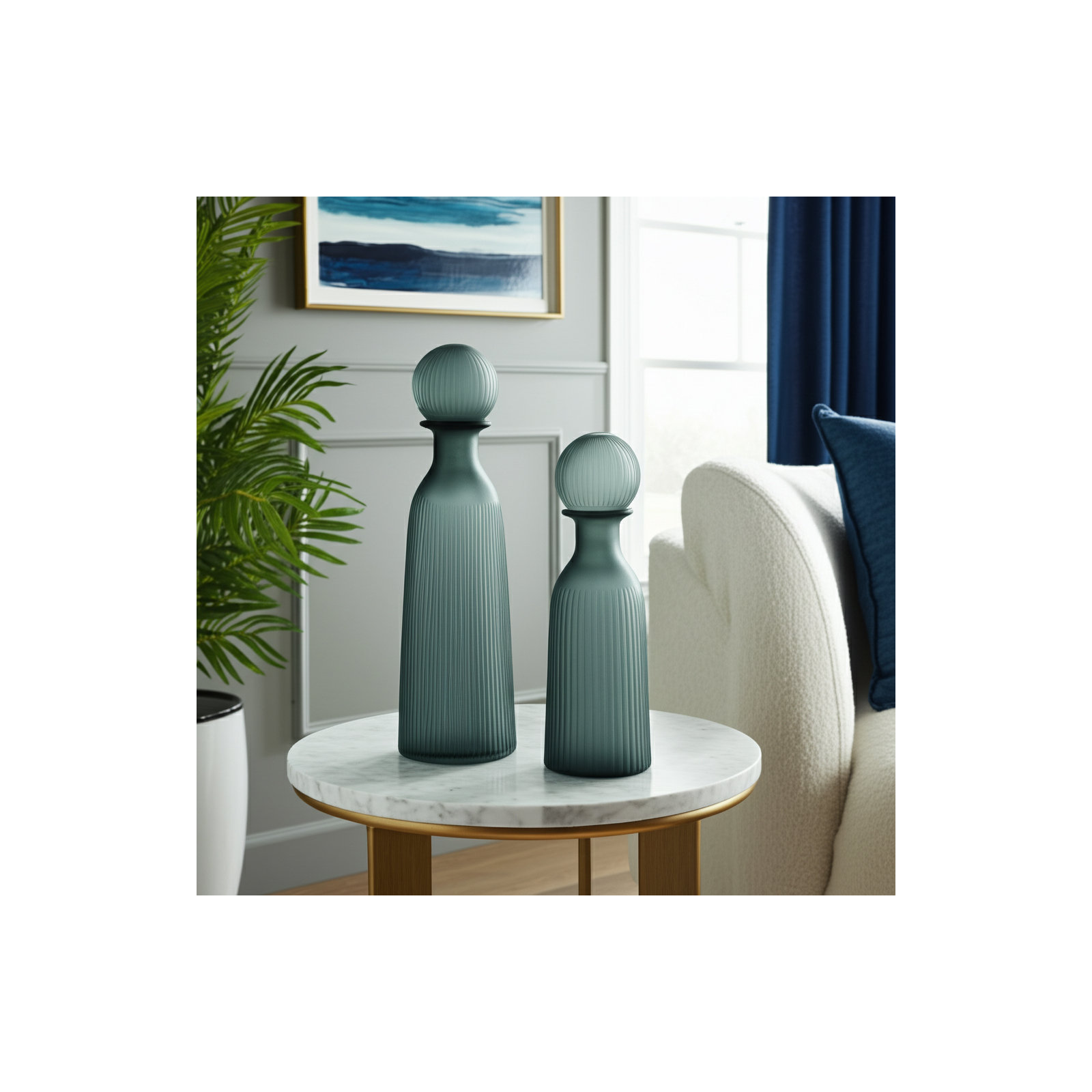 Glass Vase with Vertical Ribbed Detailing and Round Stopper Accent Aligned to Coastal Trend for Modern Decorative Display in Contemporary Interior Settings.
