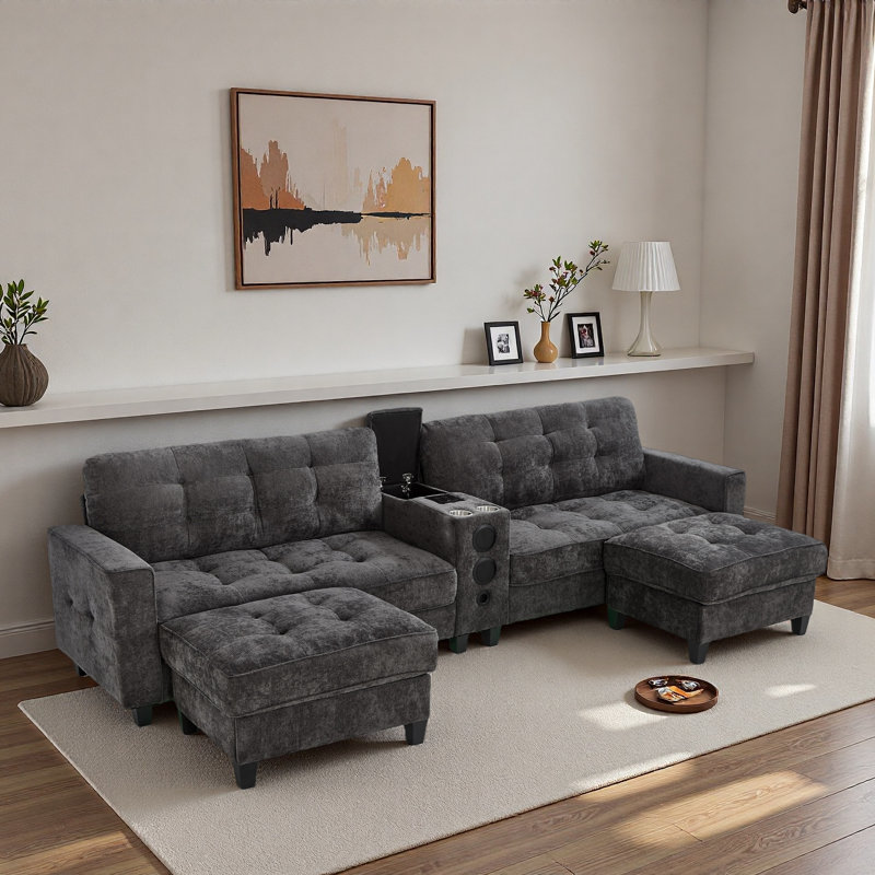 Modern U-shaped Sectional With Movable Storage Ottomans, Multifunctional Console, Bluetooth Speakers And Led Lights, Gray