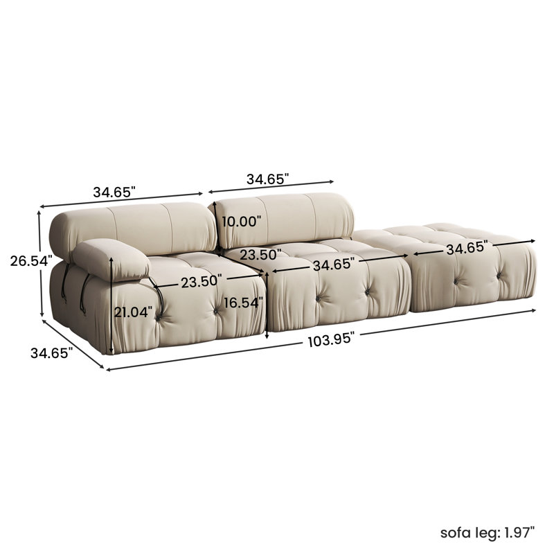 Canapé modulaire rembourré 3 pièces en velours avec repose-pieds Cylar, Beige