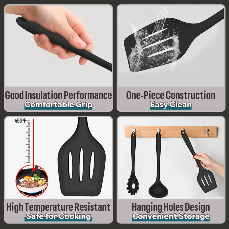Black Silicone Heat Resistant Cooking Utensils Set, 7-Piece