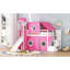 Lit mezzanine simple rose avec tente et tour, fait de pin massif, de style unique, de conception spacieuse sous les parapluies, d'une fenêtre inspirée, d'un espace semi-clos