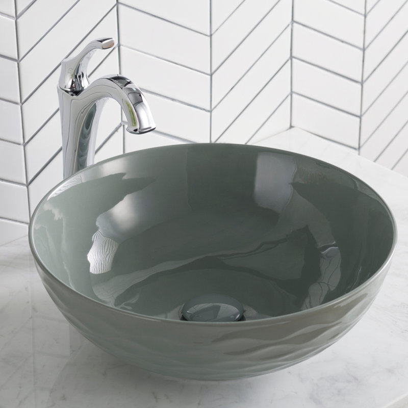 KRAUS Viva Thin Porcelain Ceramic Vessel Bathroom Sink with Pop-Up Drain, Gray