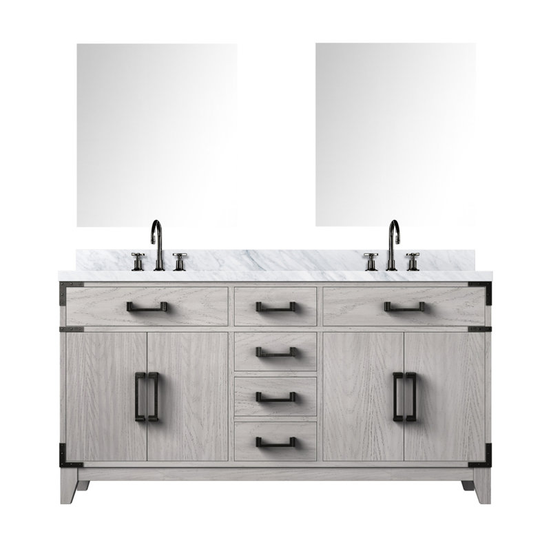 Meuble-lavabo double en chêne blanc 60 po X P 22 po D, comptoir en marbre de Carrare, ensemble de robinet et Miroirs
