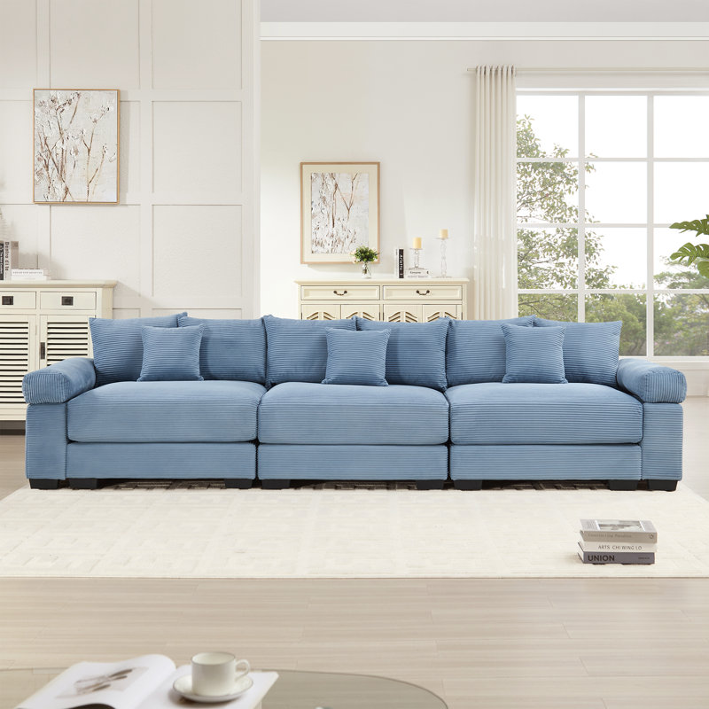 Mykala Corduroy Upholstered Sectional Sofa with Thick Armrests & Throw Pillows, Blue, 34.2'' H X 129.9'' W X 33.8'' D