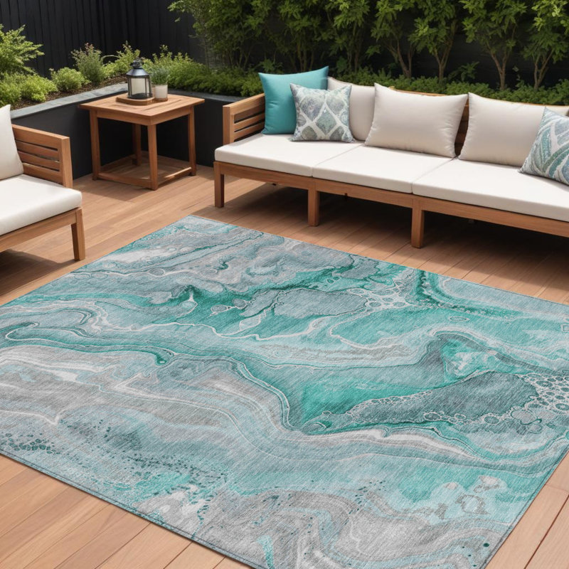 Tapis d'extérieur lavable abstrait bleu sarcelle et ivoire 10 pi x 14 pi