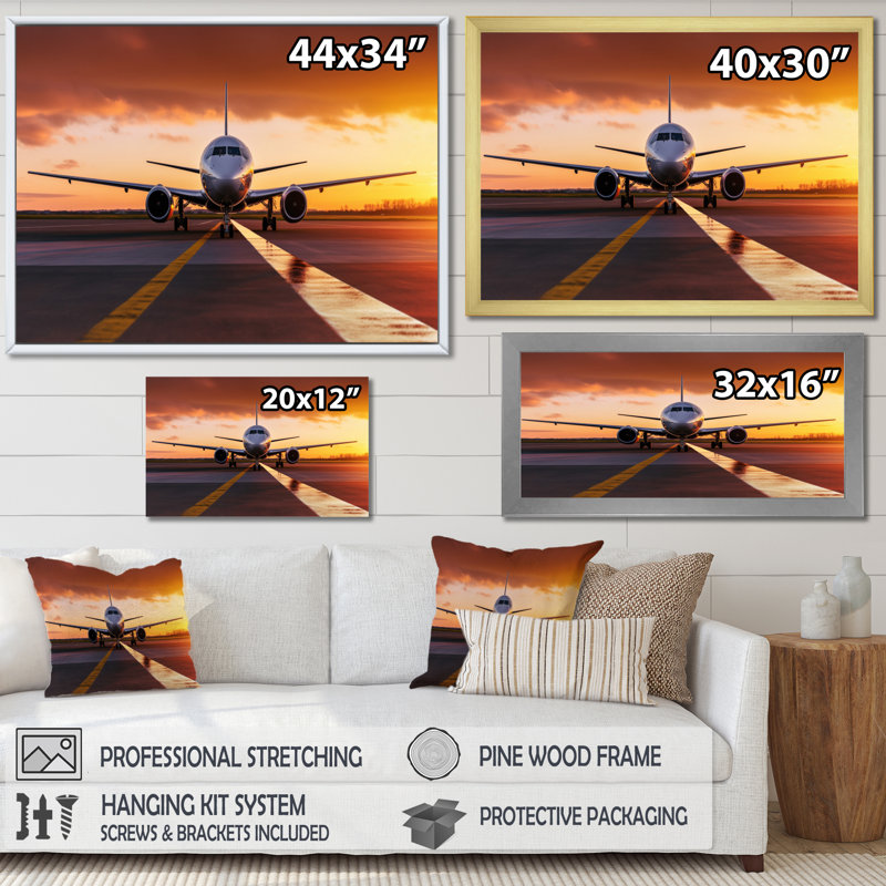 Avion au coucher du soleil II - décoration murale transport, H 12 po x l 20 po x P 1 po, Toile tendue