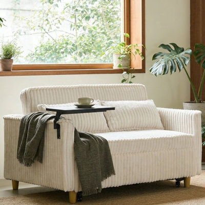 Corduroy Upholstered Convertible 2-Seater Sofa Sleeper Sofa Bed with USB Ports and Integrated Side Table