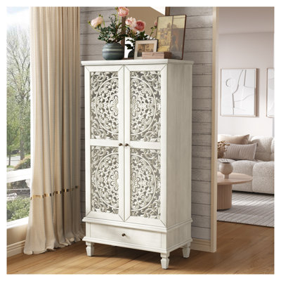 Rustic 55'' Tall Storage Cabinet with Drawer, Antique Grey White Carved Wood Accent Chest for Living Room & Dining Room