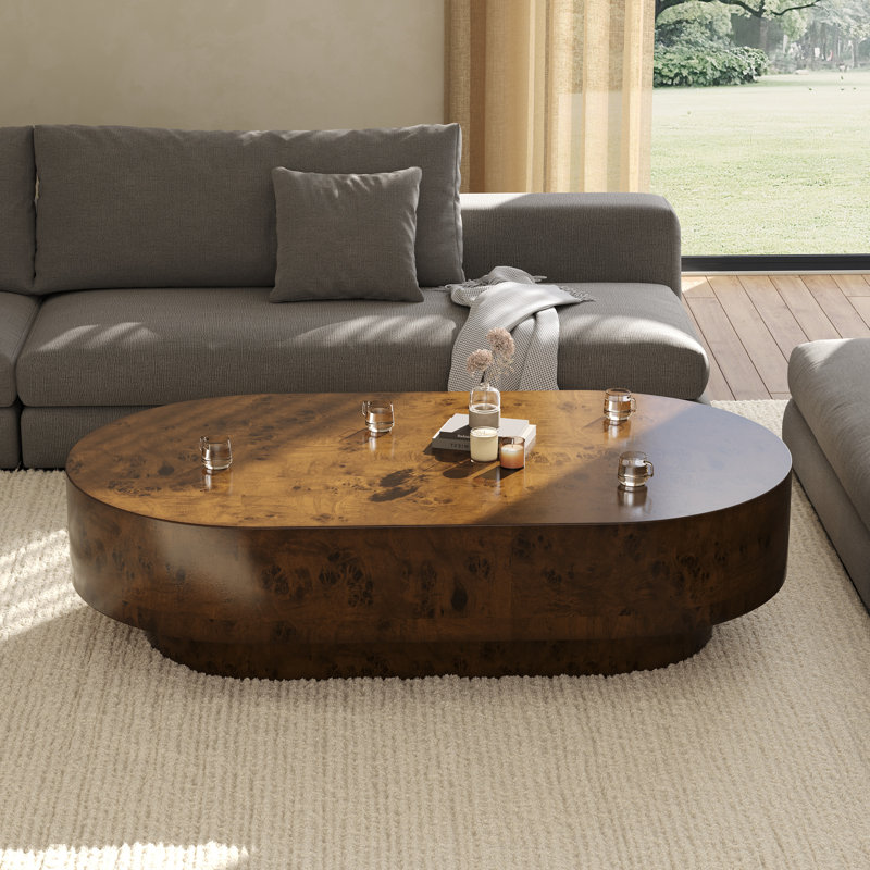 43.7'' Handcrafted Burl Wood Oval Coffee Table with Sturdy Pedestal, Mid-Century Modern Solid Wood Coffee Table for Living Room