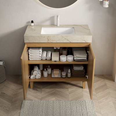 Meuble-lavabo de 36 pouces avec lavabo, armoire autoportante, grain de bois naturel, plateau en pierre frittée crème et vasque en céramique, 1 trou de robinet pré-percé, ensemble sans robinet ni drain