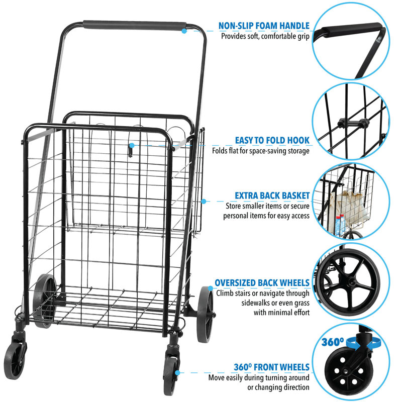 Black Metal Foldable Utility Cart with Dual Baskets