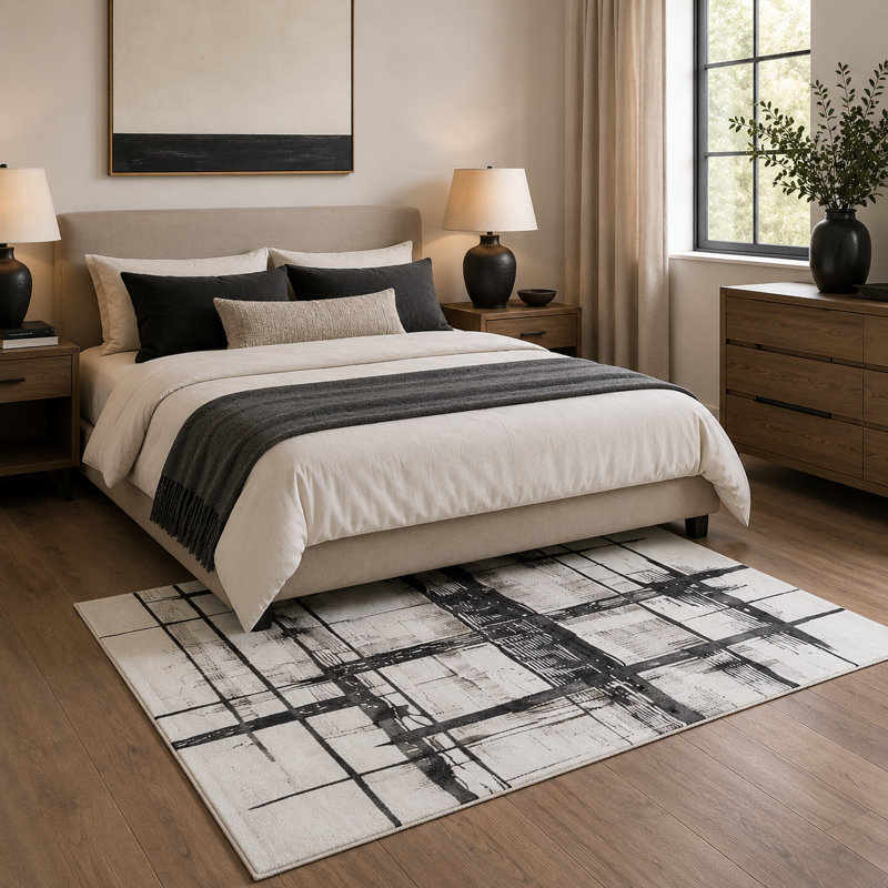 Abstract Non-Slip Machine Washable Modern Area Rug in Black/White for Living Room, Bedroom, Hallway Indoor Rugs