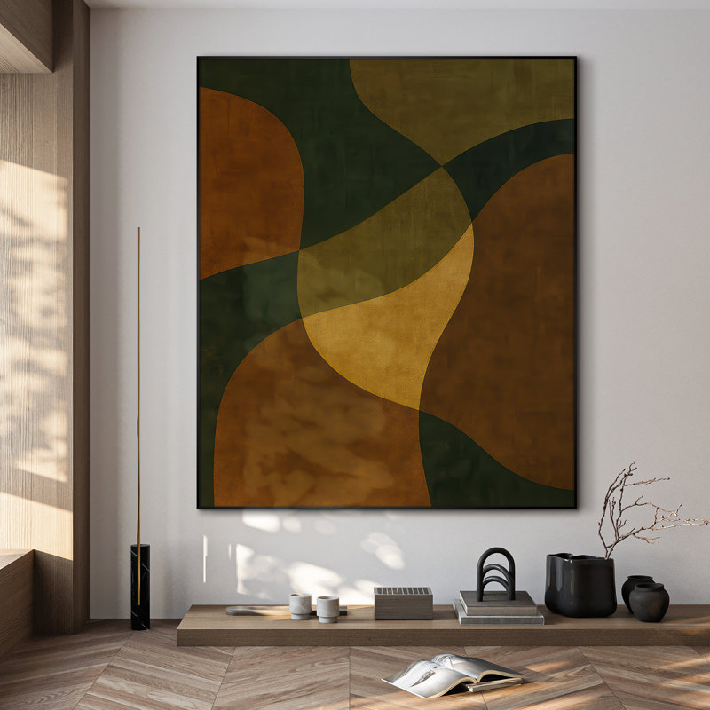 Très grand art mural imprimé sur tissu - Formes géométriques incurvées de ton terre en vert et brun, décoration pour le salon ou la chambre à coucher - «Assemblage requis du cadre (cadre non fini)»