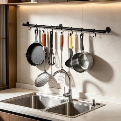 39.4 Inch Wall Mounted Pot and Pan Hanger, Stainless Steel with Hooks, Black