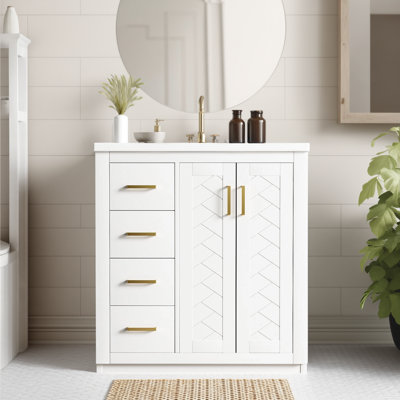 Ensemble de meuble-lavabo autoportant de 30 po avec cadre en bois massif et lavabo en céramique, 3 tiroirs et porte à fermeture en douceur, combinant rangement et fonctionnalité.