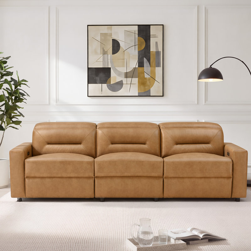 Canapé modulaire inclinable électrique 114 po avec dégagement zéro et hauteur réglable, Saddle Brown