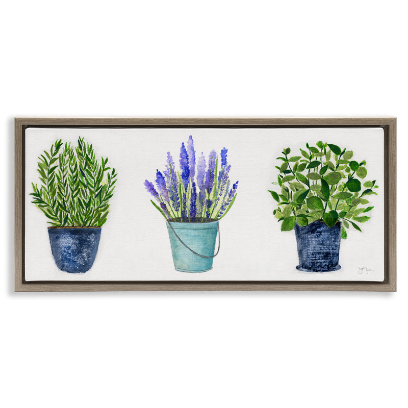 Plantes et herbes variées en pot, H 11 po x l 25 po, Cadre flottant orme Montalcino