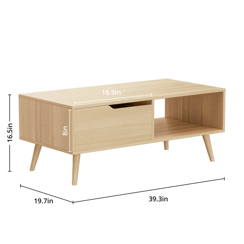 39'' Coffee Table, Mid Century Modern Coffee Table with Drawer & Shelf,, Oak