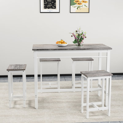 5pc Dining Table And Four Bar Stools, Metal Frame , Oak White, Space - Saving In Kitchen Perfect For Coffee Shop