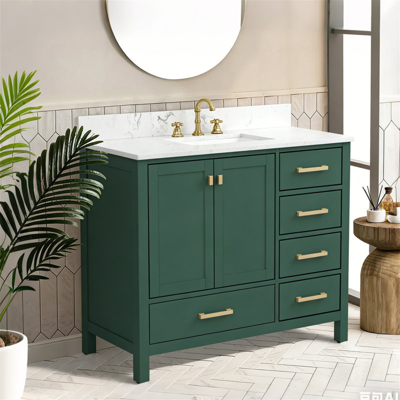 Meuble-lavabo autoportant de 42 po avec lavabo blanc, Vert