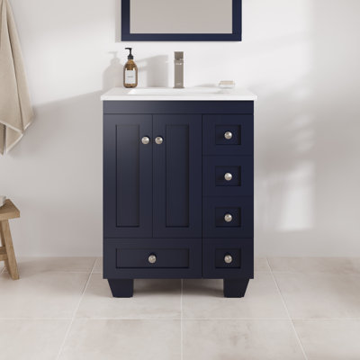 Happy 24 po Meuble-lavabo simple bleu avec comptoir en quartz de Carrare et lavabo encastré en porcelaine