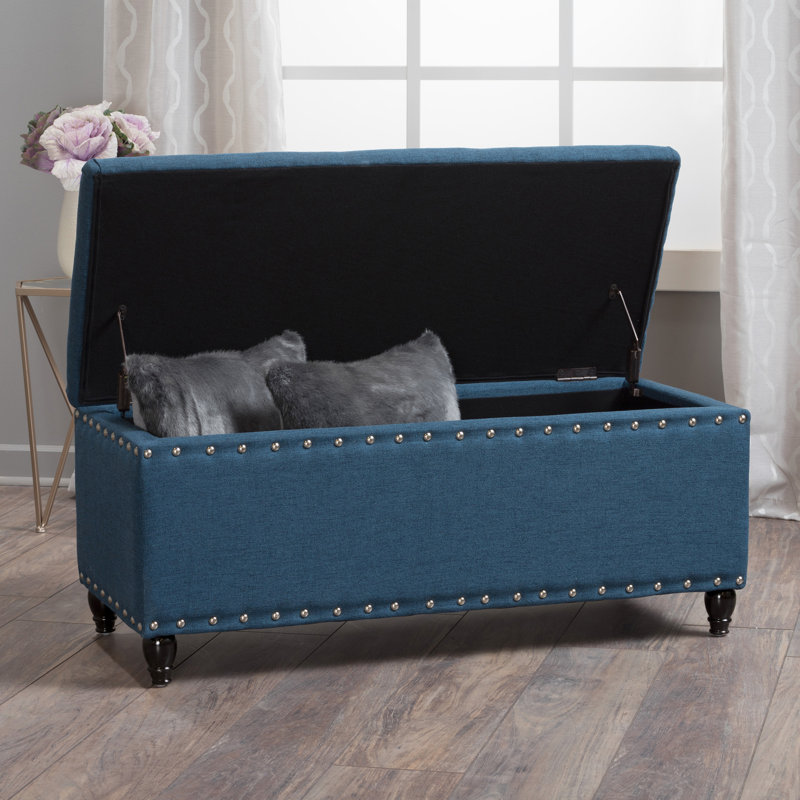 Navy Blue Fabric With Dark Brown Birch Legs For , 41.95"W X 18.62"D 18.62"H Storage,, Navy Blue