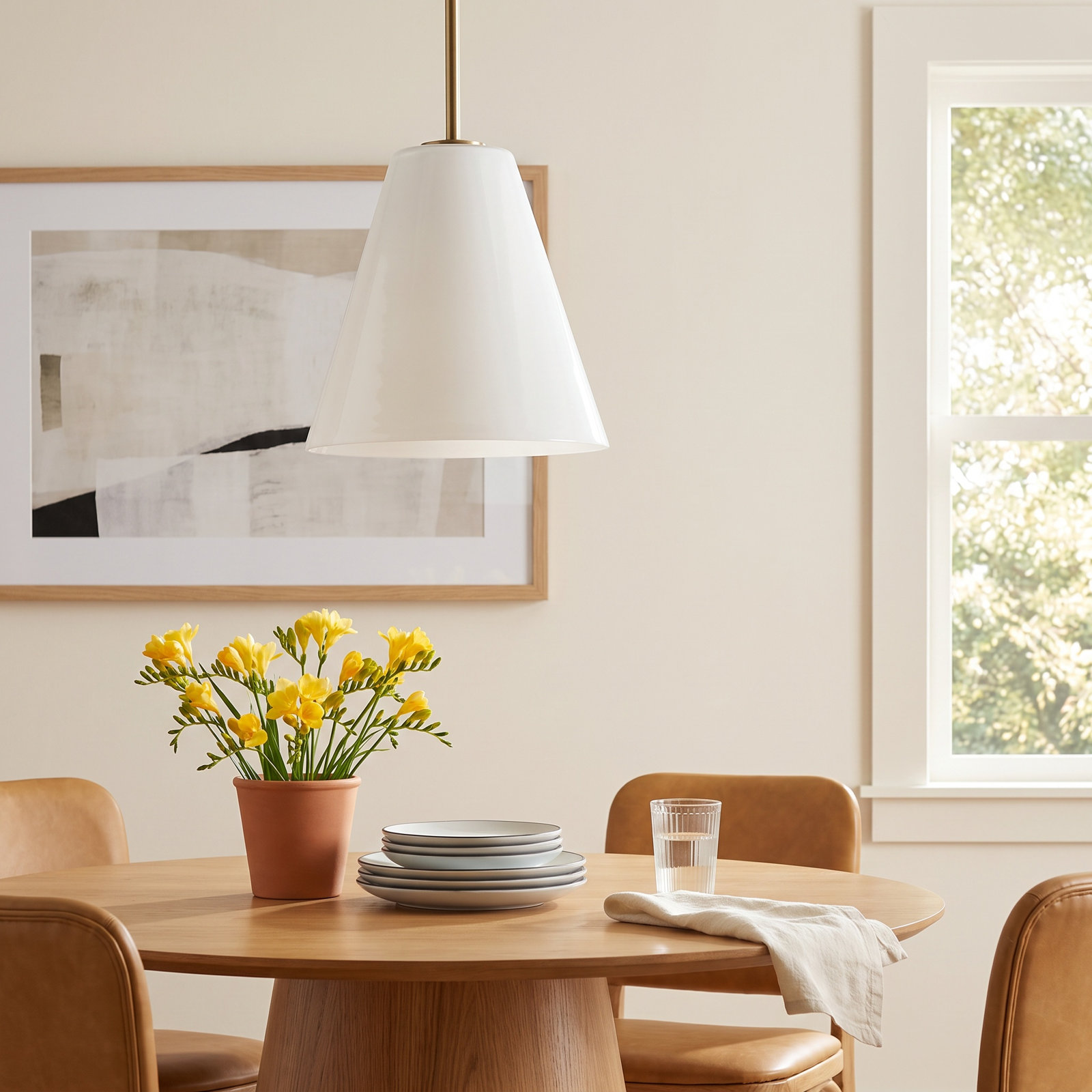 Hayden Dimmable Glass Cone Single Pendant Light, Satin Brass, White