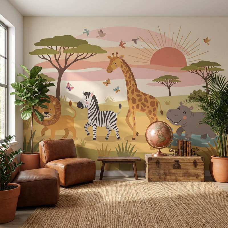 Papier peint safari avec animaux de la nature, 140 po x 108 po, Non tissé non collé