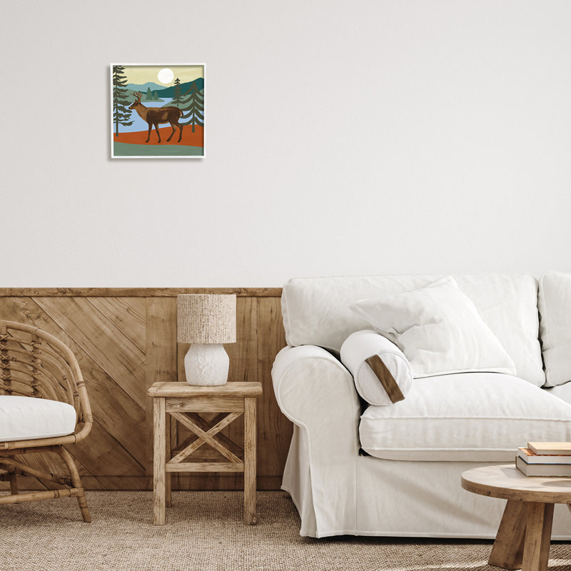 «Lakeside Mountain Peaks Forest Deer Walking» par Victoria Barnes - Peinture, H 12 po x l 12 po x P 1,5 po