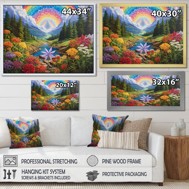 Sacred Rainbow Awakening In The Mountains, impression sur toile, H 24 po x l 32 po x P 1 po, Encadrement doré
