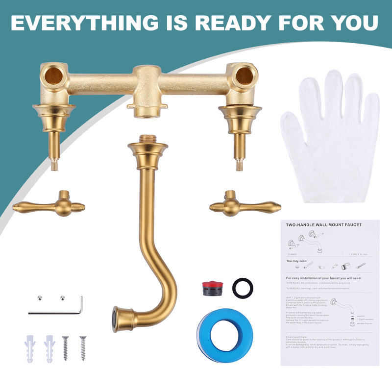Brass 3 Hole Wall Mounted 8 In. Widespread Double Handle Bathroom Faucet With Brass Value, Gold