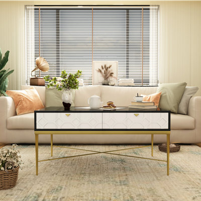 Table basse moderne noire et blanche, 2 tiroirs pour tasses et télécommandes, plateau imperméable, hauteur 56,5 cm, style contemporain blanc, rangement pour salon, grand plateau pour vases, quatre compartiments.