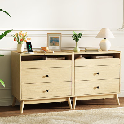 3 - Drawer Nightstand, 24“ W Wood Bedside Table With Built-In Outlets And Solid Wood Legs(Set Of 2)