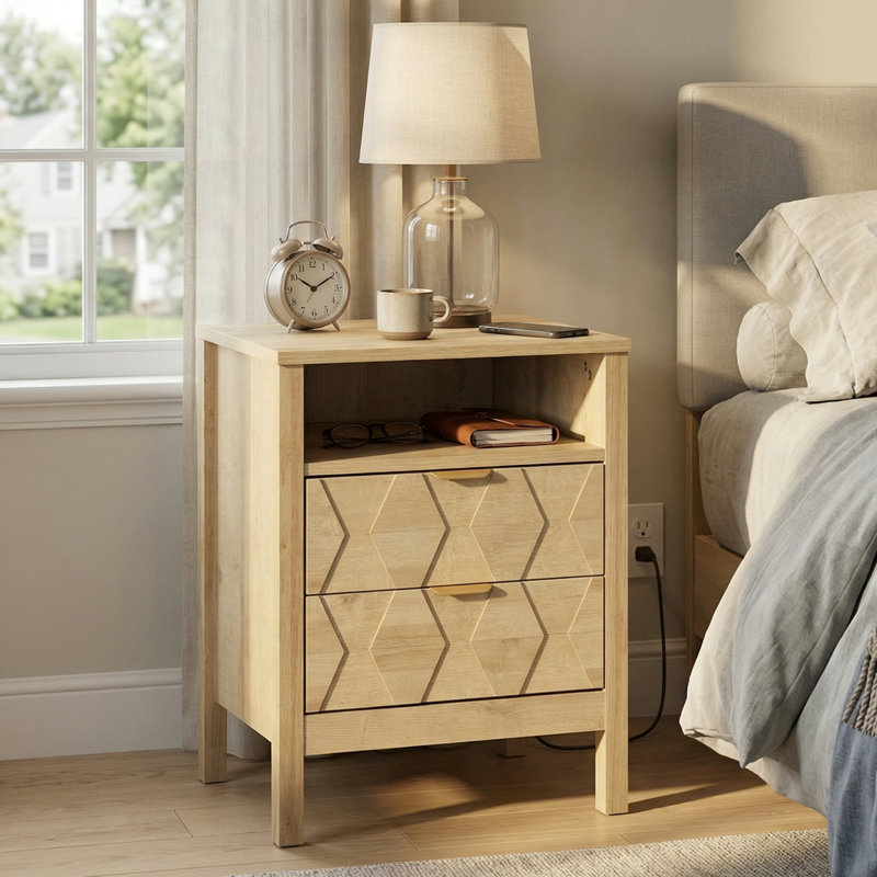 Nordic 2 Drawer Nightstand, Bedside Table with Storage Drawers, Night Stand for Bedroom, End Table or Side Table for Living Room, 15.5" D x 18.9" W x 24" H, Beige