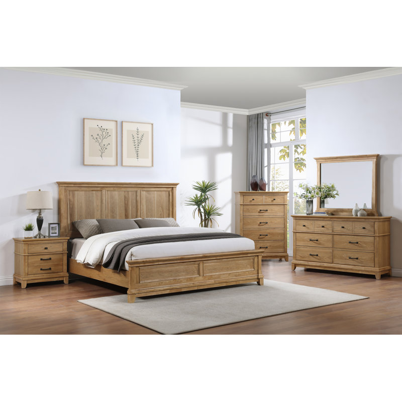 Ensemble de chambre avec très grand lit en bois Esterel 5 pièces avec commode et table de chevet, brun miel, Très grand 