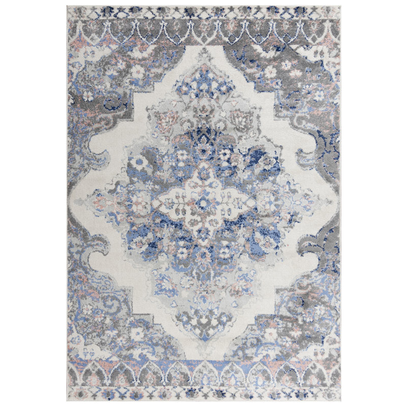 Tapis oriental en polypropylène tissé à la machine rectangulaire bleu / beige, Rectangle 5 pi 2 po x 7 pi 3 po
