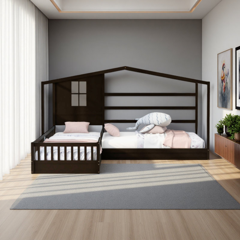 Wood House Bed Twin Size, 2 Twin Solid Bed L Structure With Fence And Slatted Frame, Espresso
