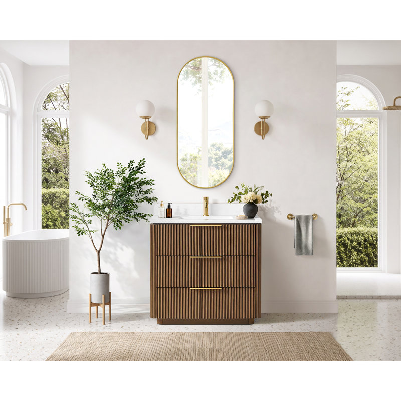 Meuble-lavabo à simple cuve en chêne noyer clair Zanica, Oak Light Walnut