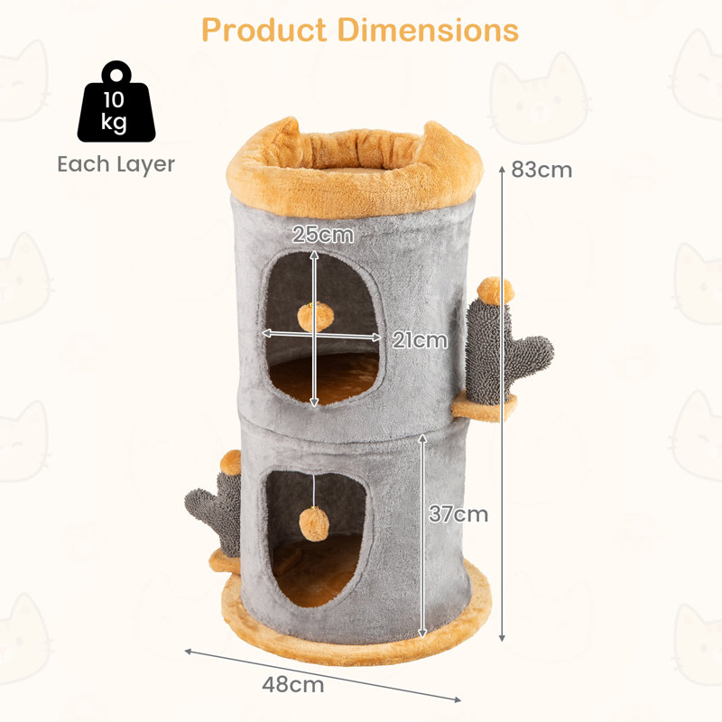 2-Story Cat House Cute Small Cat Tree Tower w/ 2 Cozy Condos-Grey