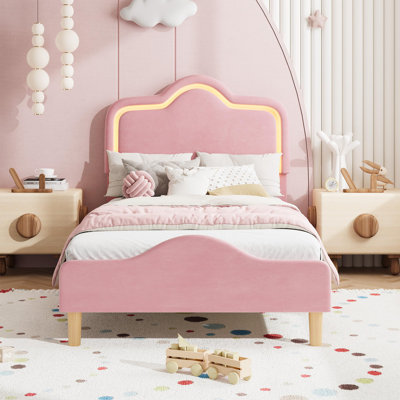 Upholstered Bed Frame with Adjustable Headboard and Footboard, Velvet Princess Platform Bedframe for Kids/Girls
