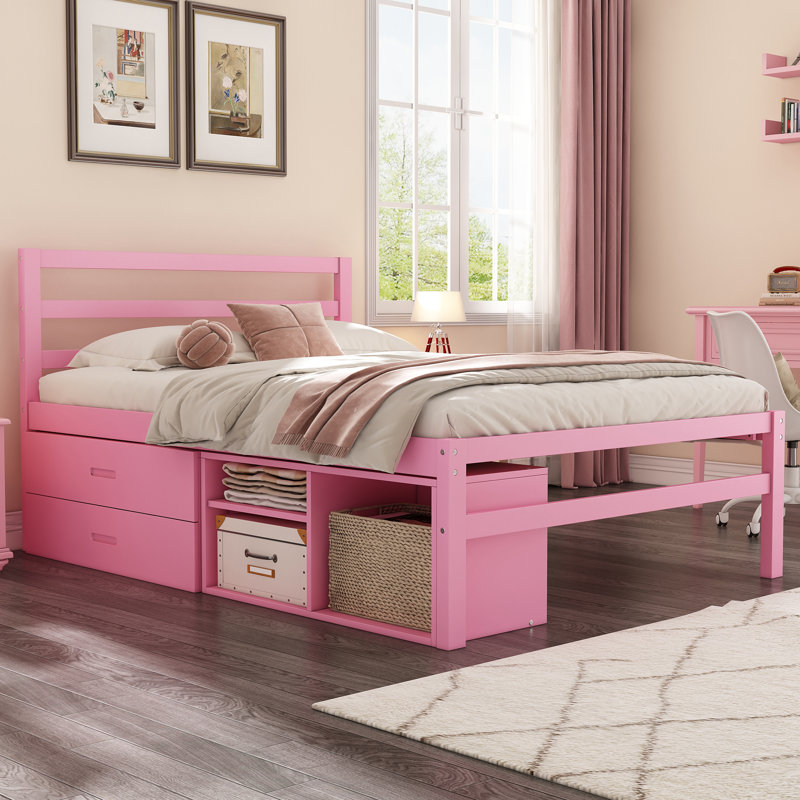 Size Wood Platform Bed With Removable Storage Shelves, Built-In Two Storage Drawers For Added Convenience,, Pink, Full