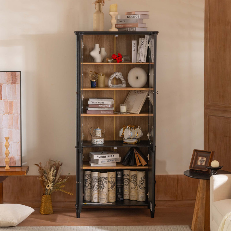 Vitrine de style Mid-Century de 73,25 po de haut avec portes en verre, tablettes réglables et finition élégante en grain de bois pour un rangement et une présentation polyvalents