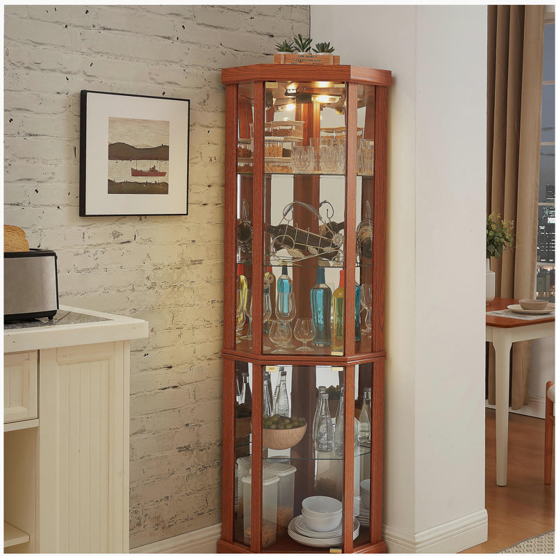Corner Lighted Curio Cabinet Corner Glass Cabinet Lighted Curio Cabinet Corner Display Case for Living Room, Curio Cabinet, Antique collection, Wine,Bar Glass Storage Light Included,Dark oak