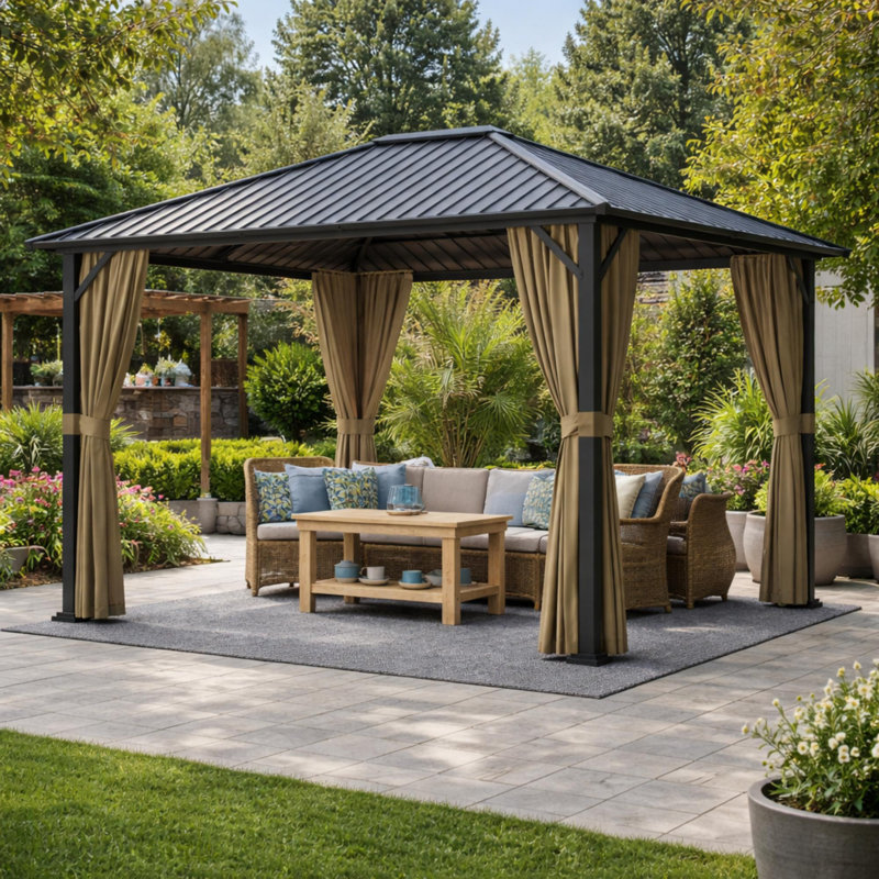 12 ft. W x 10 ft. D Heavy Duty Hardtop Gazebo - Metal Frame with Galvanized Steel Roof, Outdoor Gazebos with Mosquito Netting & Curtains