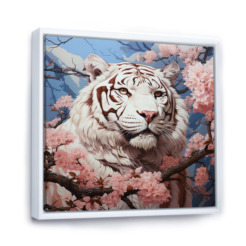 Fleurs roses roses, tigre blanc, beauté - tigre, art mural, Cadre flottant blanc, H 30 po x l 30 po x P 1,5 po