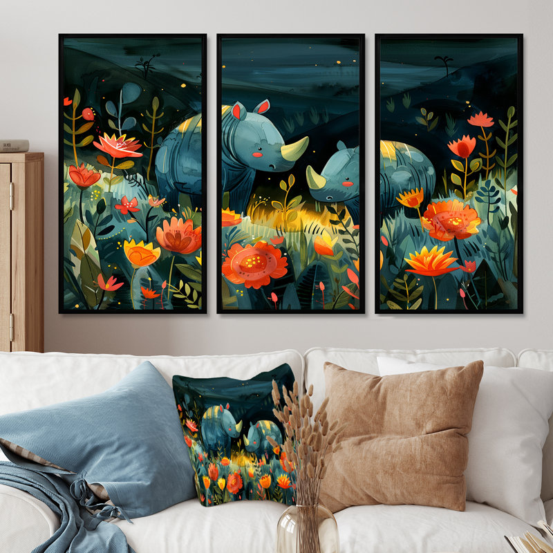 Teeya - Rhinoceros, H 28 po x l 12 po x P 1 po, Toile avec cadre flottant noir
